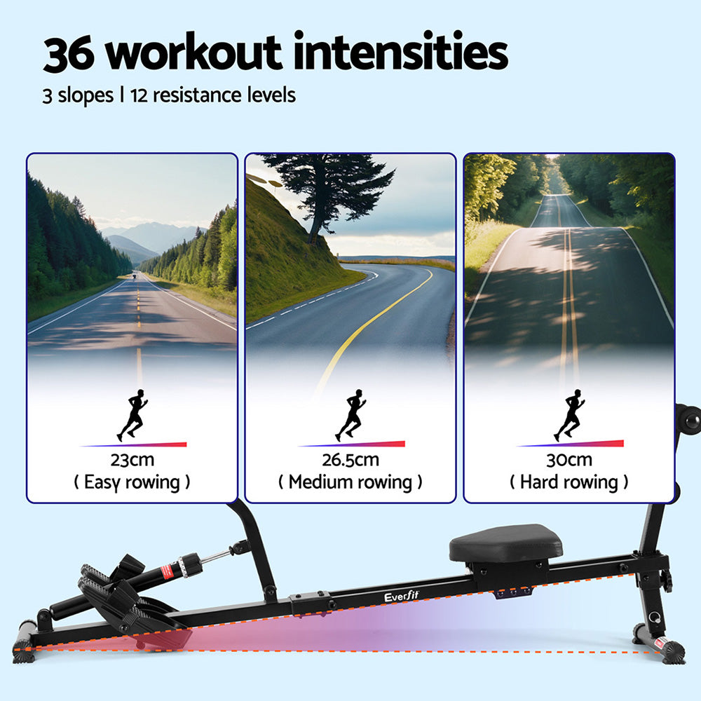 Gym Equipment & Accessories: Everfit Hydraulic Rowing Machine Rower 12 Levels Resistance Exercise Fitness Gym Cardio