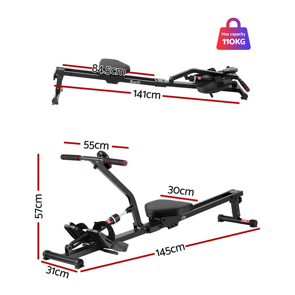 Gym Equipment & Accessories: Everfit Hydraulic Rowing Machine Rower 12 Levels Resistance Exercise Fitness Gym Cardio