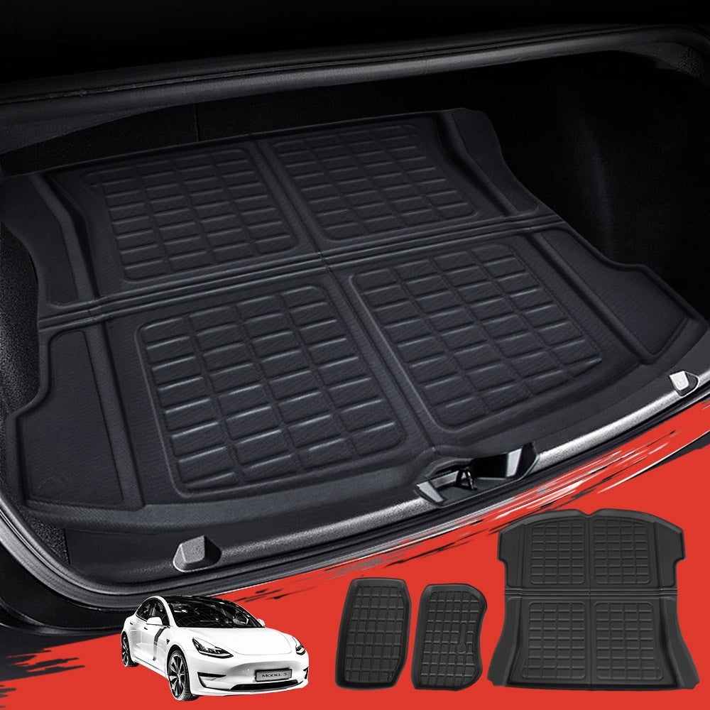 Automotive Decor: 3PCS Car Rear Front Cargo Trunk Toolbox Luggage Rubber Mats for Tesla Model 3 2021-2022