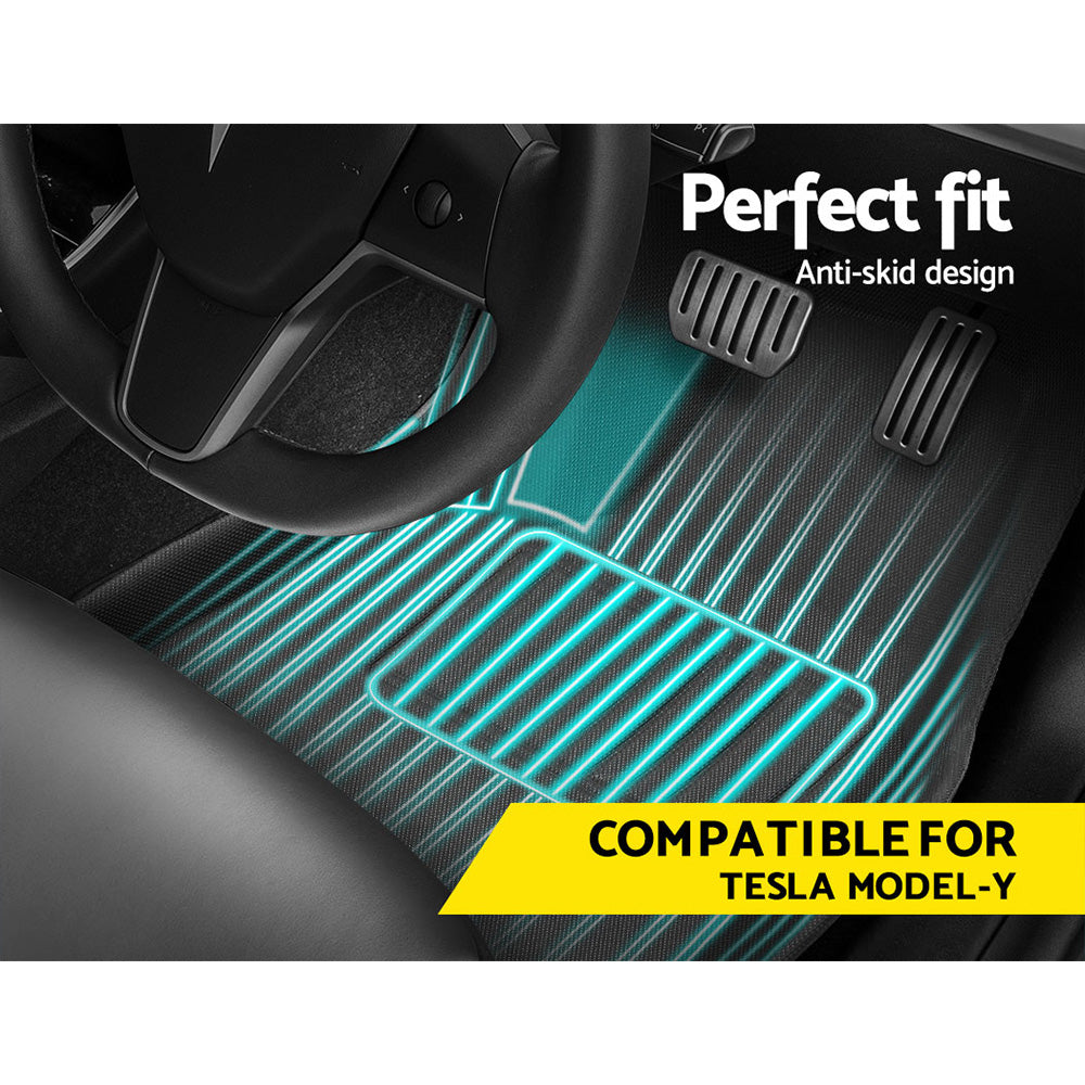 Automotive Decor: Weisshorn Tesla Model Y Rubber Mats Carpets Front Rear Set RHD 21-24