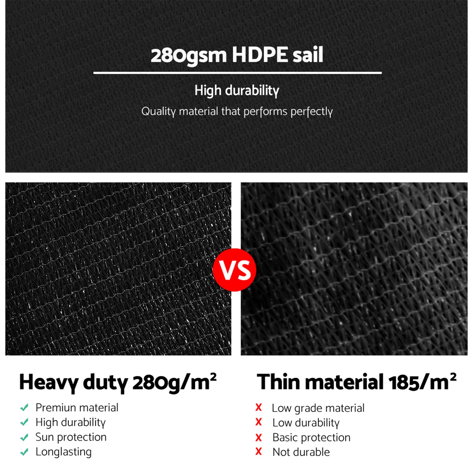 Umbrellas & Sunshades: Instahut Shade Sail 6x7m Rectangle 280GSM 98% Black Shade Cloth