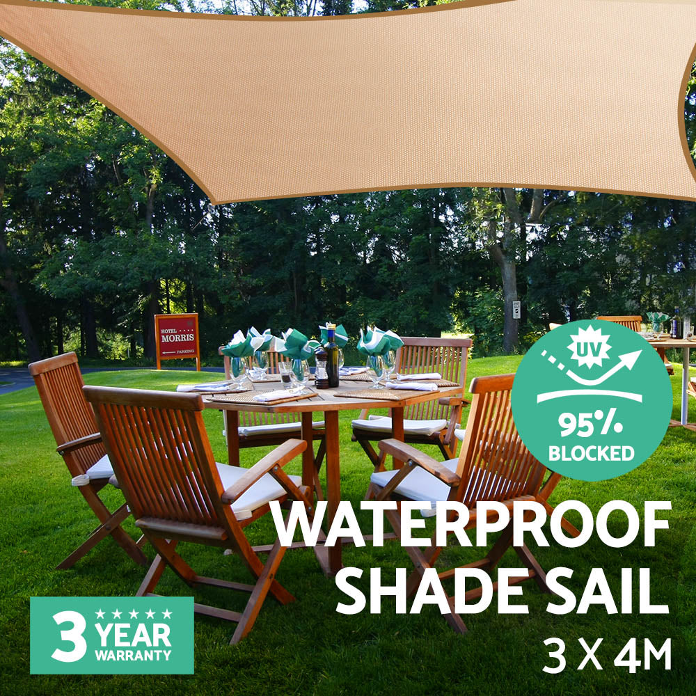 Umbrellas & Sunshades: Instahut Waterproof Shade Sail 3x4m Rectangle Sand 95% Shade Cloth