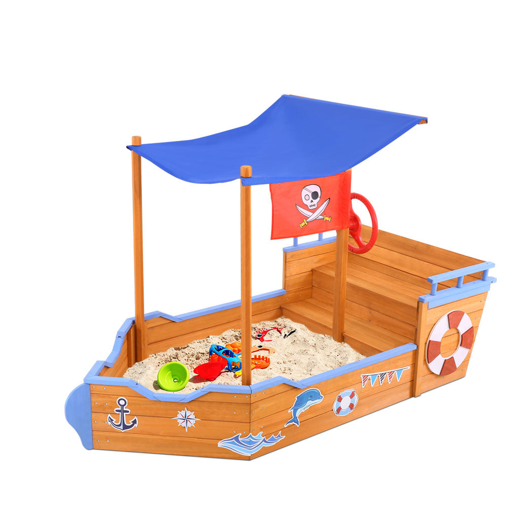 Outdoor Play Equipment: Keezi Kids Sandpit Wooden Boat Sand Pit with Canopy Bench Seat Beach Toys 165cm