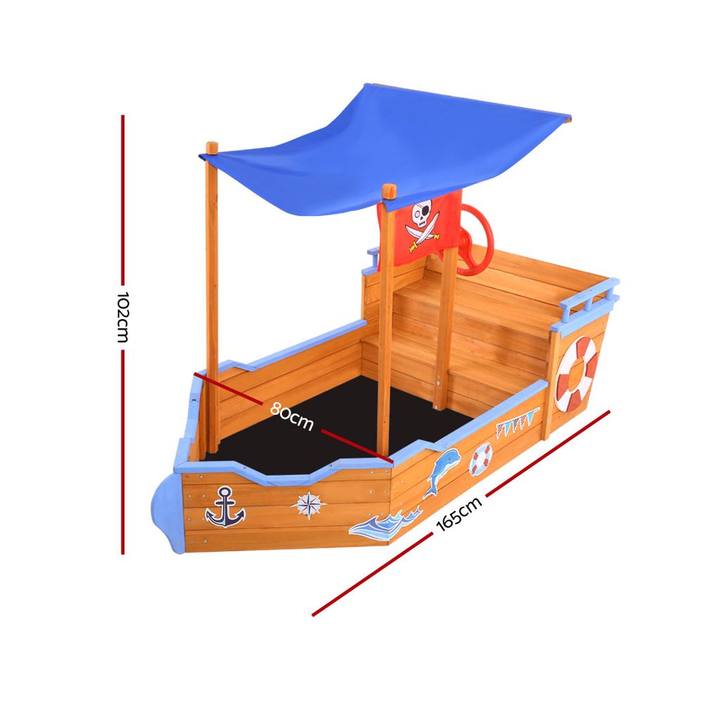 Outdoor Play Equipment: Keezi Kids Sandpit Wooden Boat Sand Pit with Canopy Bench Seat Beach Toys 165cm