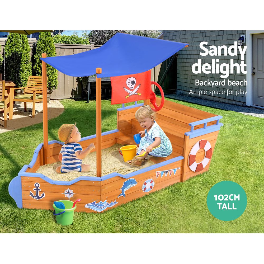 Outdoor Play Equipment: Keezi Kids Sandpit Wooden Boat Sand Pit with Canopy Bench Seat Beach Toys 165cm