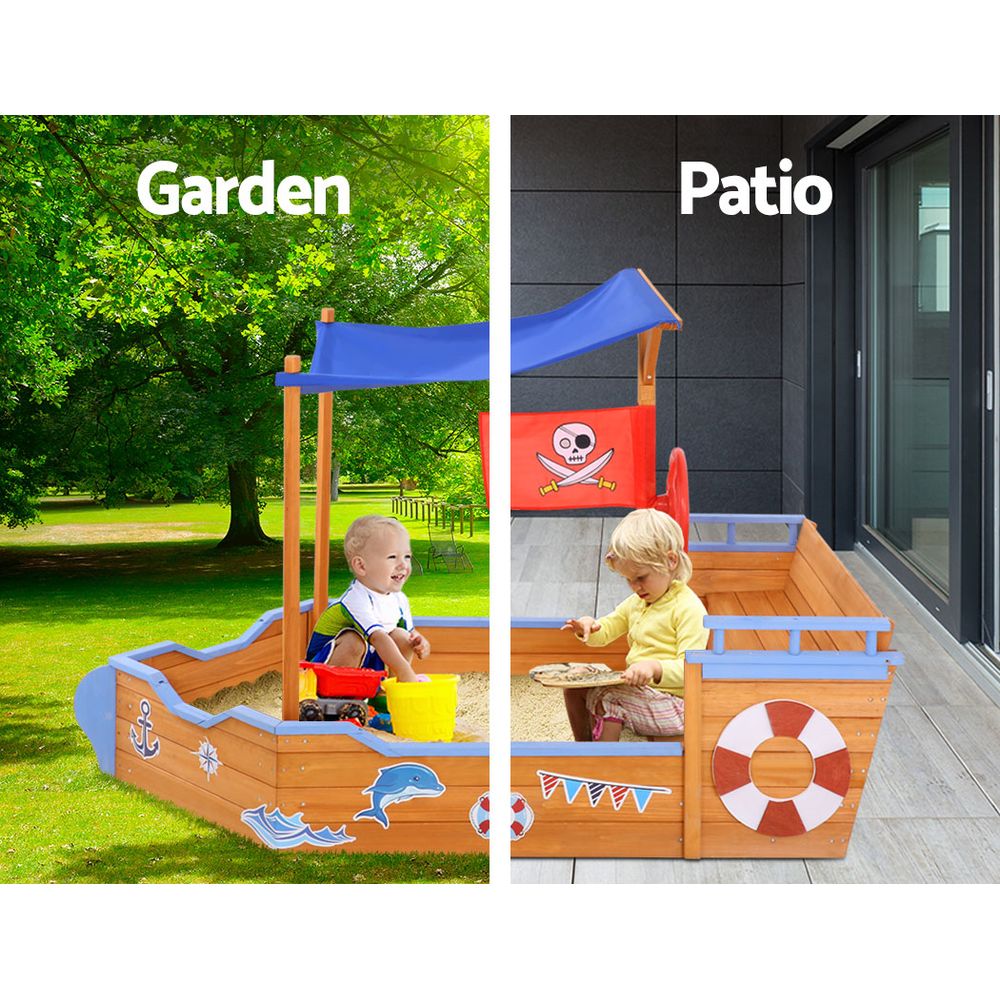 Outdoor Play Equipment: Keezi Kids Sandpit Wooden Boat Sand Pit with Canopy Bench Seat Beach Toys 165cm