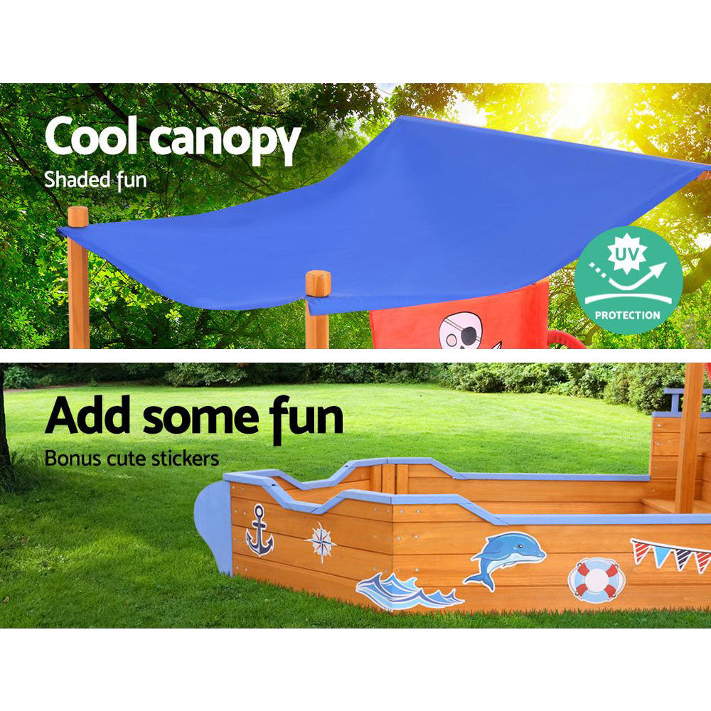 Outdoor Play Equipment: Keezi Kids Sandpit Wooden Boat Sand Pit with Canopy Bench Seat Beach Toys 165cm