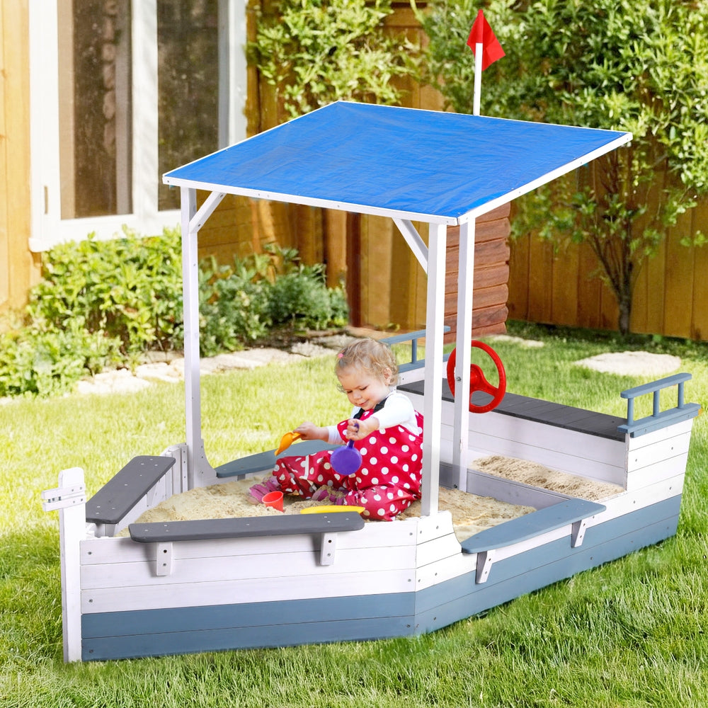 Outdoor Play Equipment: Keezi Kids Sandpit Wooden Box Boat Canopy Flag Outdoor Toys Children Blue