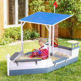 Outdoor Play Equipment: Keezi Kids Sandpit Wooden Box Boat Canopy Flag Outdoor Toys Children Blue