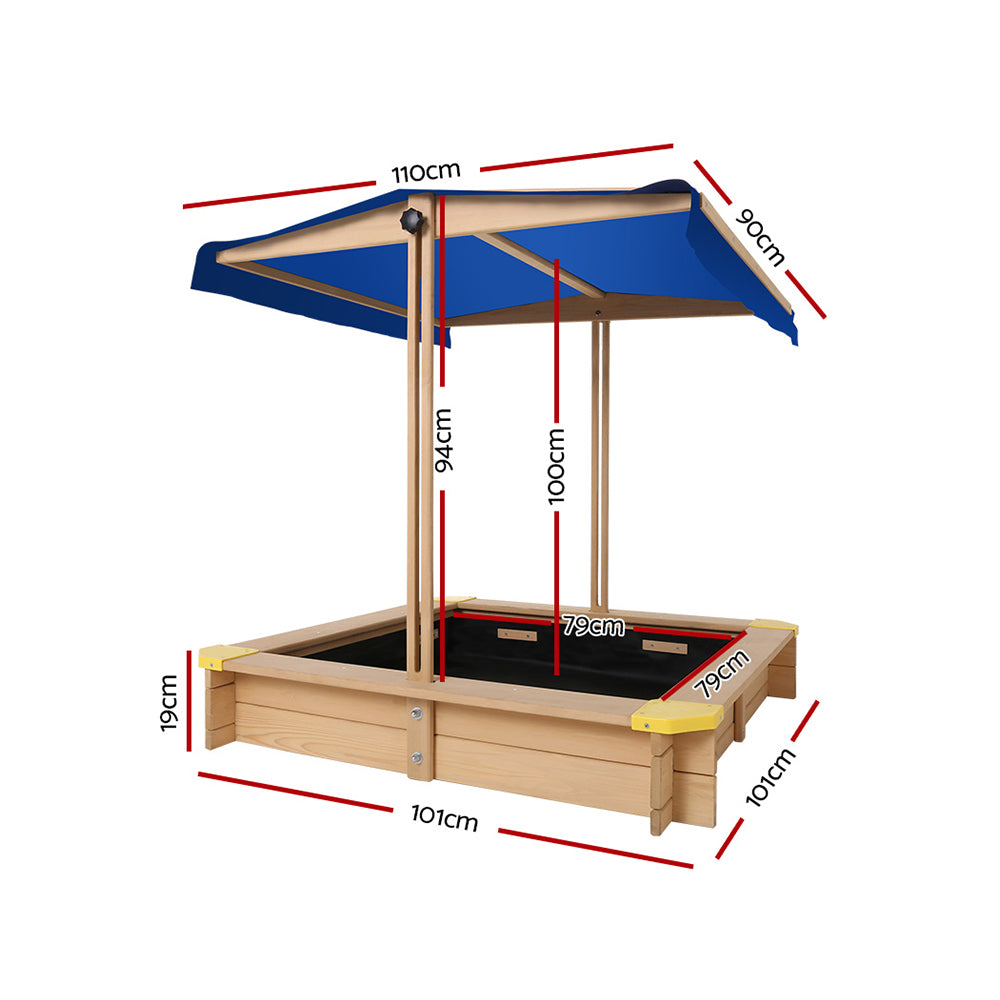 Outdoor Play Equipment: Keezi Kids Sandpit Wooden Sandbox Sand Pit with Canopy Bench Seat Toys 101cm