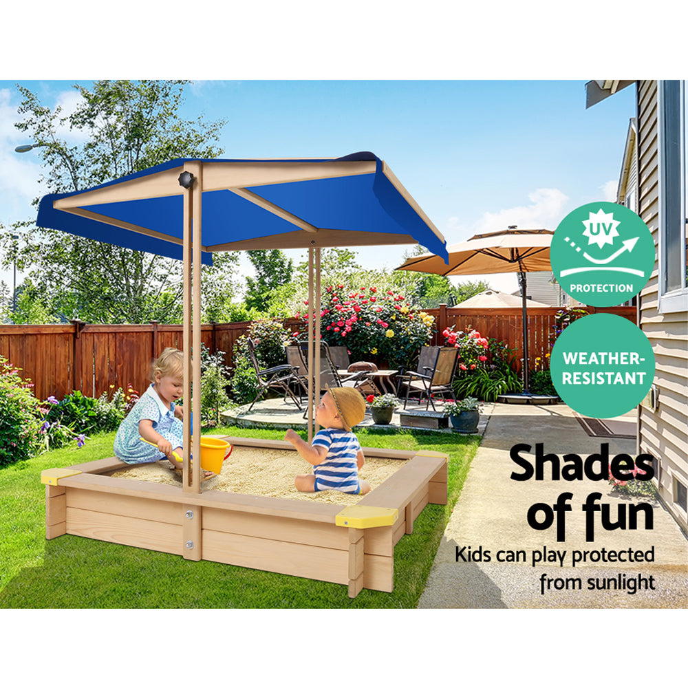 Outdoor Play Equipment: Keezi Kids Sandpit Wooden Sandbox Sand Pit with Canopy Bench Seat Toys 101cm