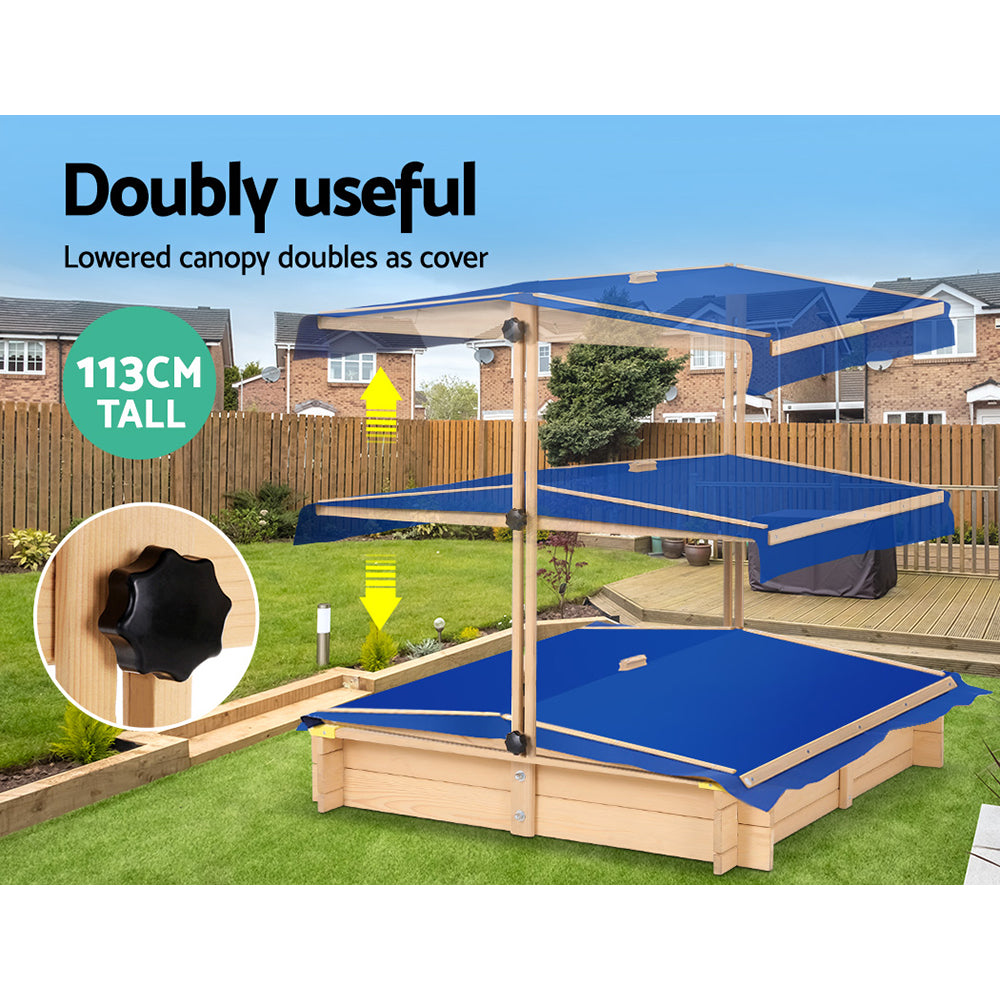 Outdoor Play Equipment: Keezi Kids Sandpit Wooden Sandbox Sand Pit with Canopy Bench Seat Toys 101cm