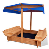 Outdoor Play Equipment: Keezi Kids Sandpit Wooden Sandbox Sand Pit with Canopy Foldable Seat Toys 120cm