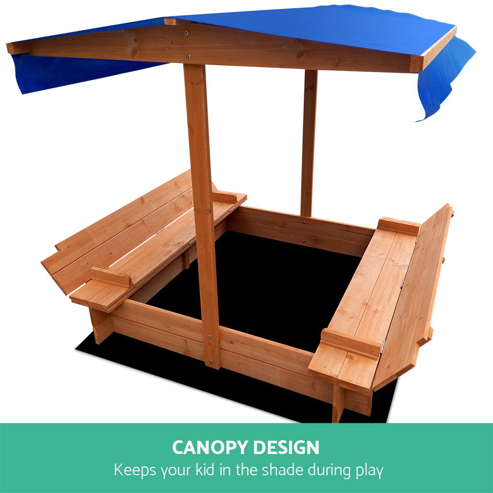 Outdoor Play Equipment: Keezi Kids Sandpit Wooden Sandbox Sand Pit with Canopy Foldable Seat Toys 120cm