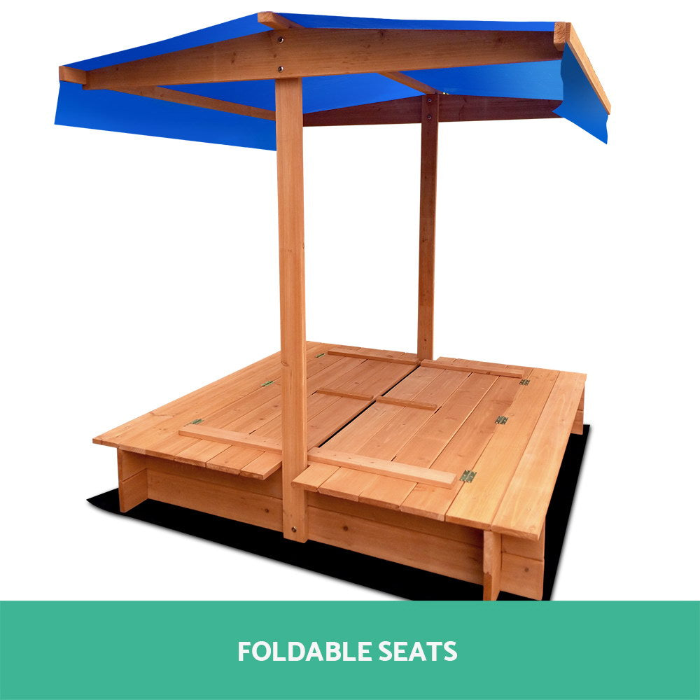 Outdoor Play Equipment: Keezi Kids Sandpit Wooden Sandbox Sand Pit with Canopy Foldable Seat Toys 120cm