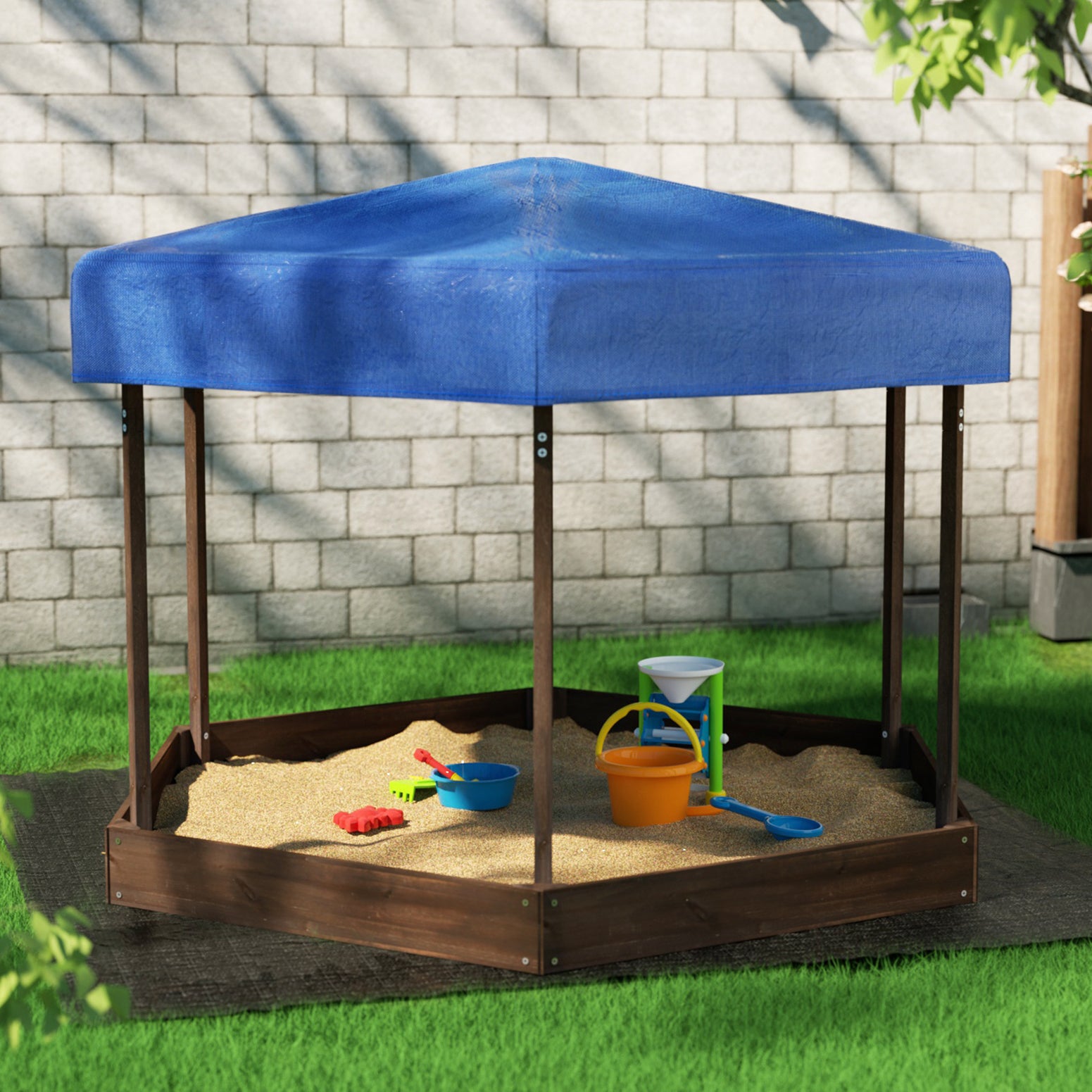 Outdoor Play Equipment: Keezi Kids Sandpit Wooden Hexagon Sand Pit with Canopy Outdoor Beach Toys 182cm