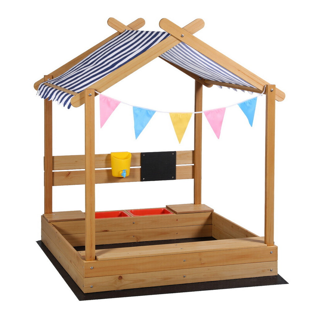 Outdoor Play Equipment: Keezi Kids Sandpit Wooden Sandbox Sand Pit with Canopy Water Basin Toys 146cm