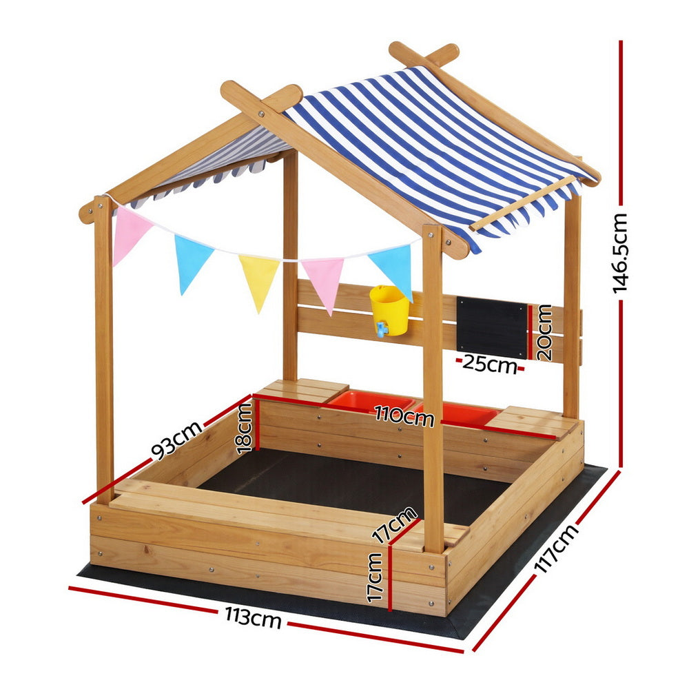 Outdoor Play Equipment: Keezi Kids Sandpit Wooden Sandbox Sand Pit with Canopy Water Basin Toys 146cm