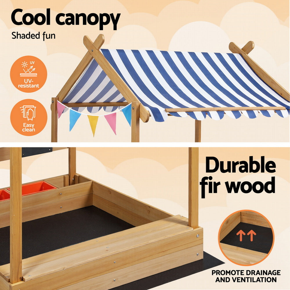 Outdoor Play Equipment: Keezi Kids Sandpit Wooden Sandbox Sand Pit with Canopy Water Basin Toys 146cm