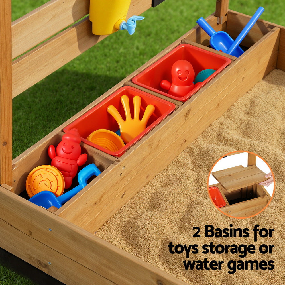 Outdoor Play Equipment: Keezi Kids Sandpit Wooden Sandbox Sand Pit with Canopy Water Basin Toys 146cm