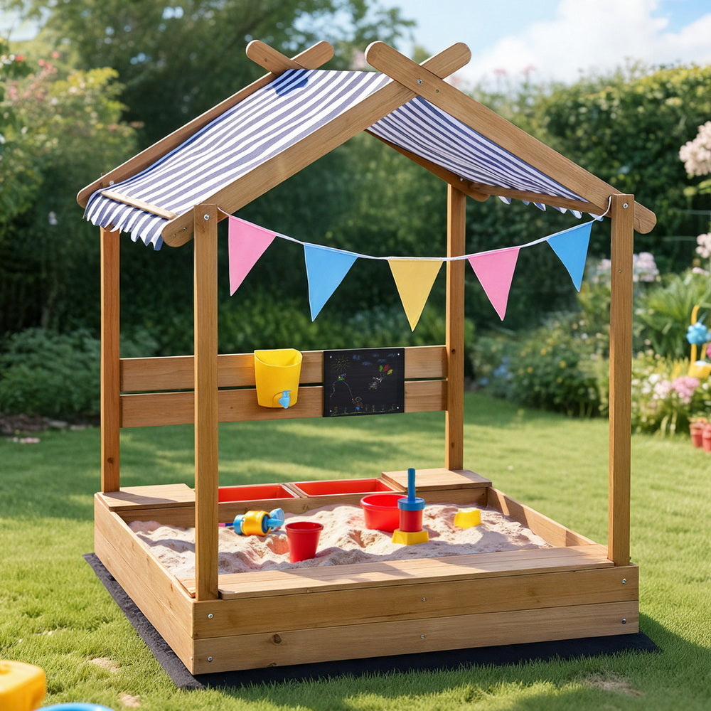 Outdoor Play Equipment: Keezi Kids Sandpit Wooden Sandbox Sand Pit with Canopy Water Basin Toys 146cm