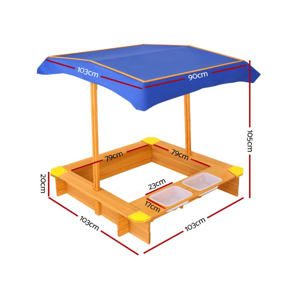 Outdoor Play Equipment: Keezi Kids Sandpit Wooden Sandbox Sand Pit with Canopy Water Basin Toys 103cm