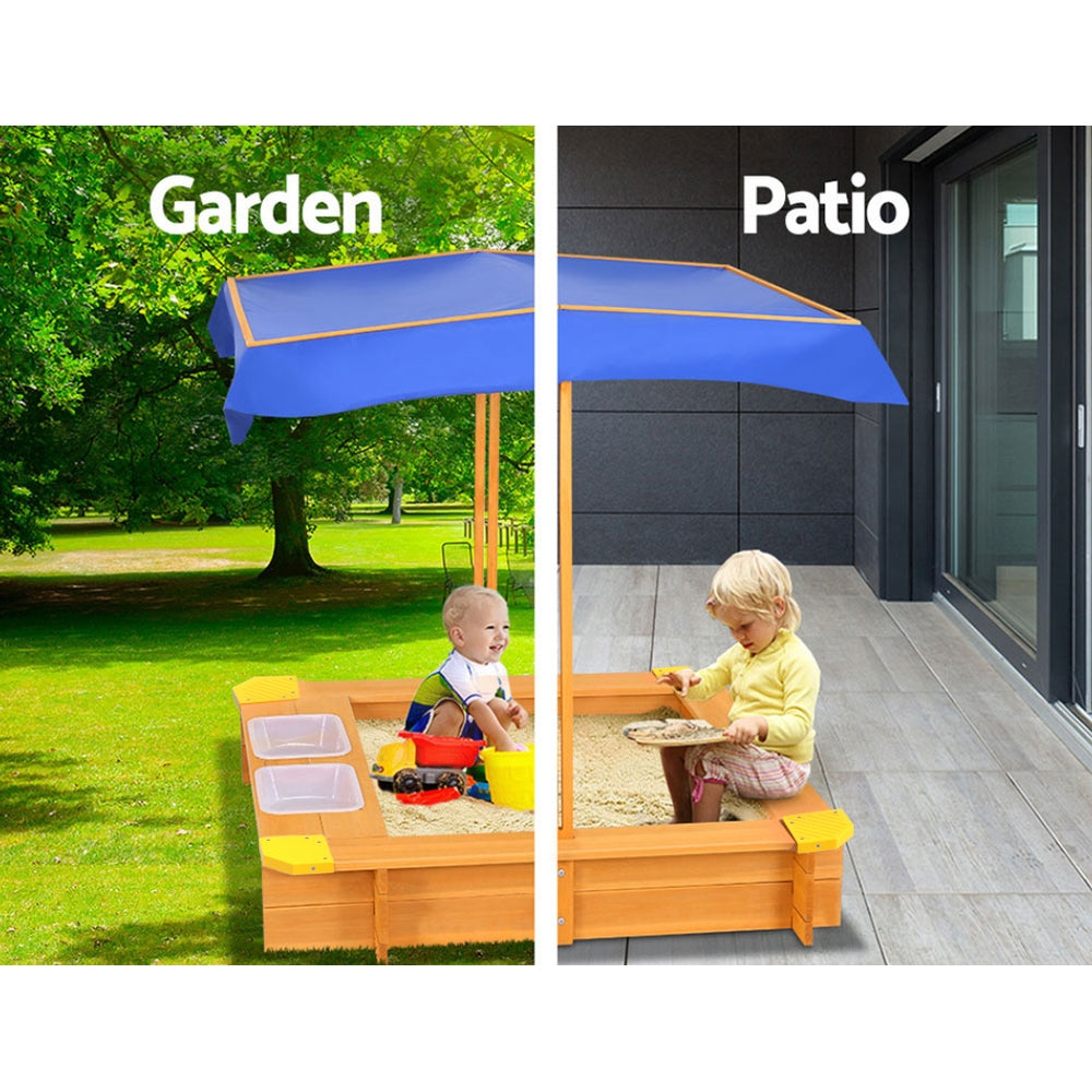 Outdoor Play Equipment: Keezi Kids Sandpit Wooden Sandbox Sand Pit with Canopy Water Basin Toys 103cm