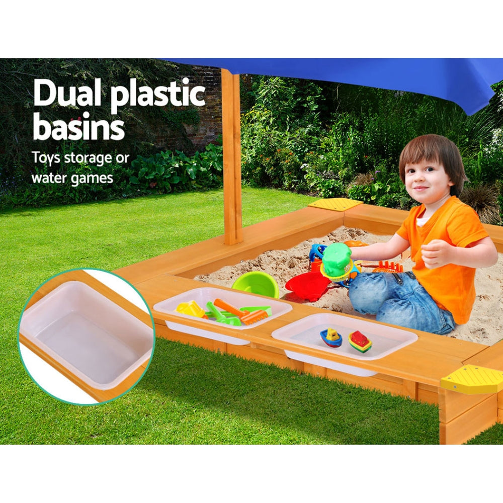 Outdoor Play Equipment: Keezi Kids Sandpit Wooden Sandbox Sand Pit with Canopy Water Basin Toys 103cm