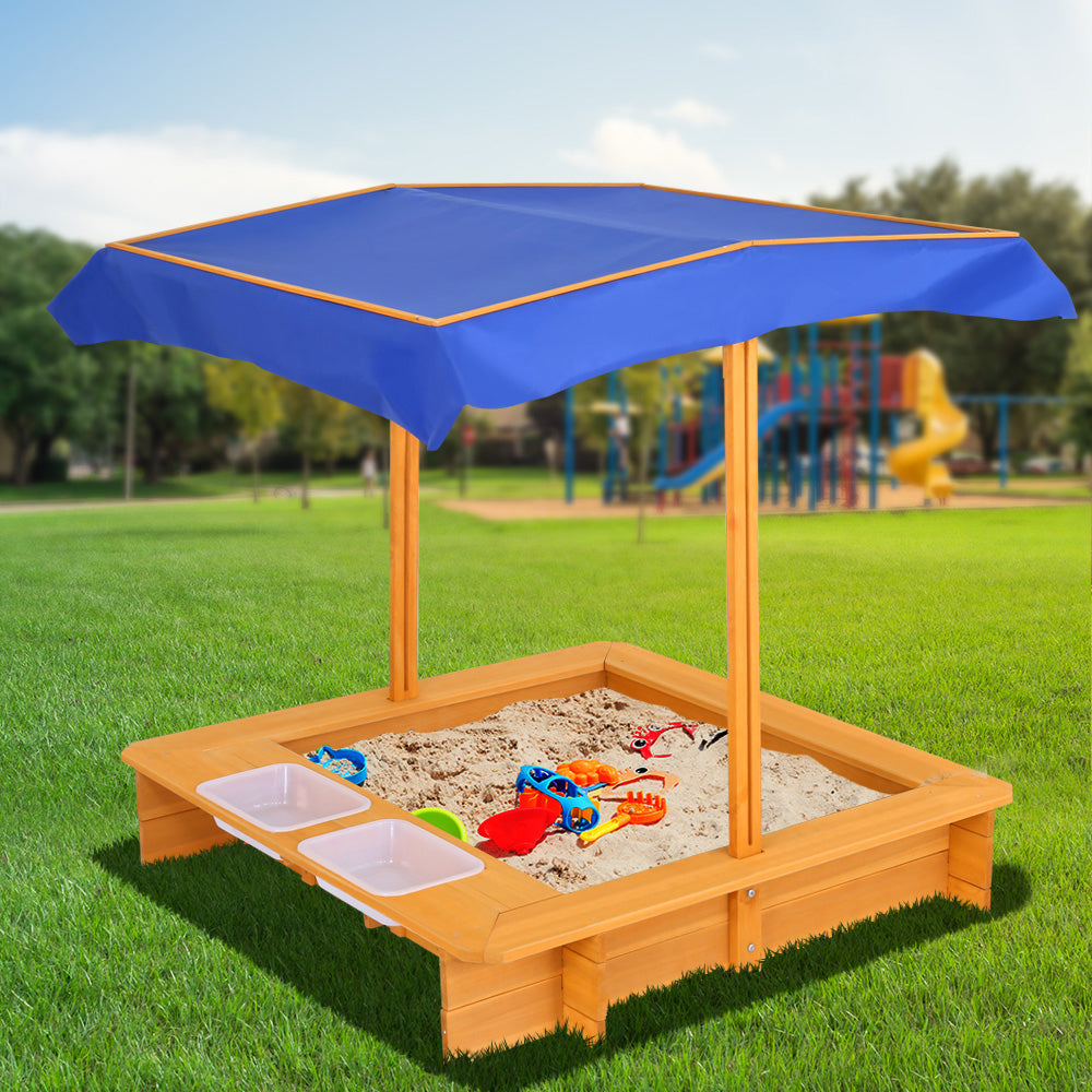 Outdoor Play Equipment: Keezi Kids Sandpit Wooden Sandbox Sand Pit with Canopy Water Basin Toys 103cm