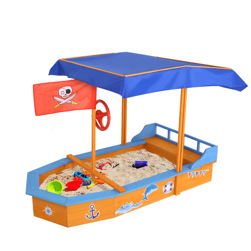 Outdoor Play Equipment: Keezi Kids Sandpit Wooden Boat Sand Pit with Canopy Bench Seat Beach Toys 150cm