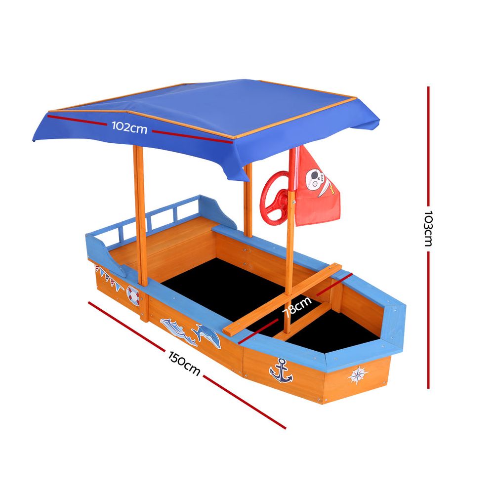 Outdoor Play Equipment: Keezi Kids Sandpit Wooden Boat Sand Pit with Canopy Bench Seat Beach Toys 150cm