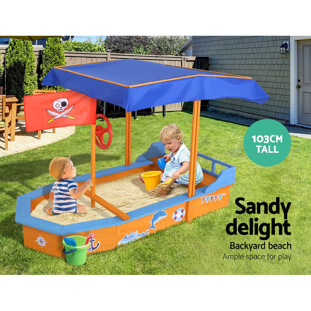 Outdoor Play Equipment: Keezi Kids Sandpit Wooden Boat Sand Pit with Canopy Bench Seat Beach Toys 150cm