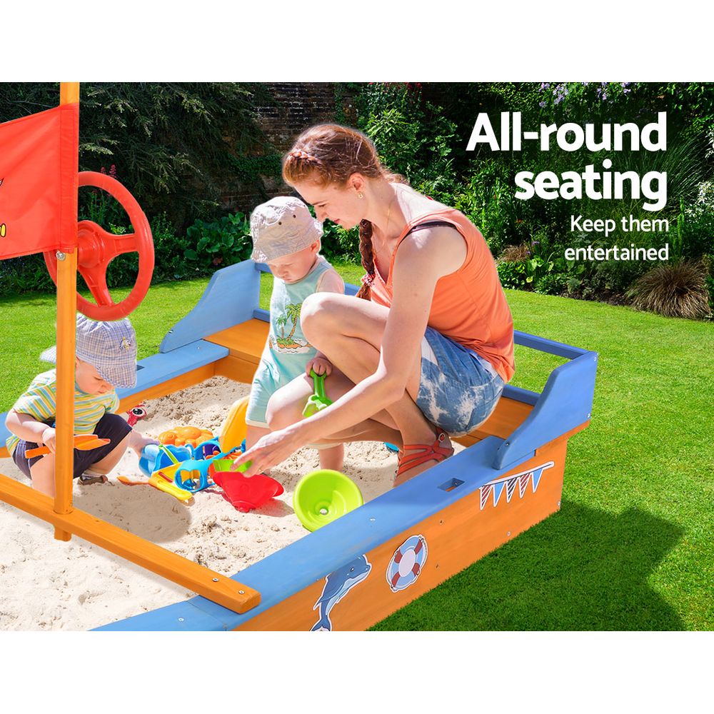 Outdoor Play Equipment: Keezi Kids Sandpit Wooden Boat Sand Pit with Canopy Bench Seat Beach Toys 150cm