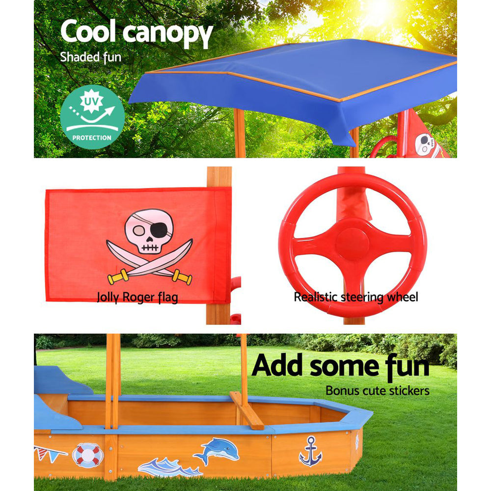 Outdoor Play Equipment: Keezi Kids Sandpit Wooden Boat Sand Pit with Canopy Bench Seat Beach Toys 150cm