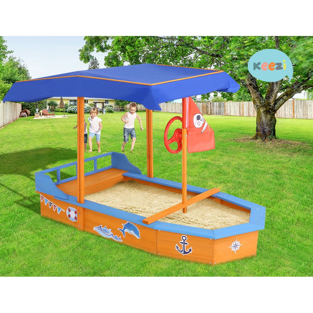 Outdoor Play Equipment: Keezi Kids Sandpit Wooden Boat Sand Pit with Canopy Bench Seat Beach Toys 150cm