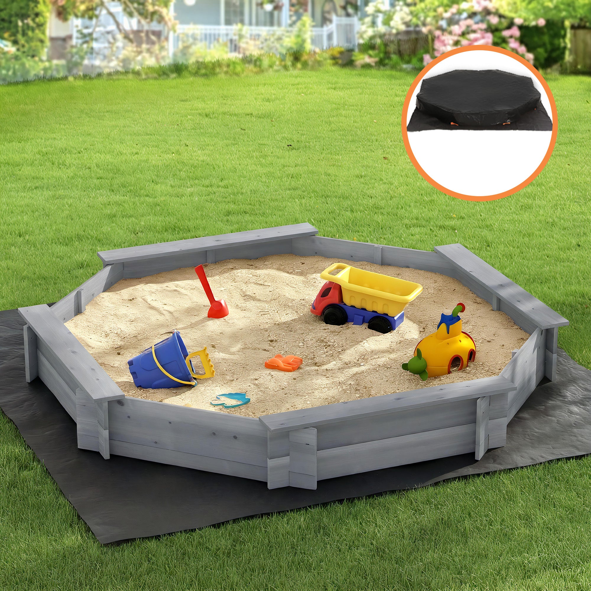 Outdoor Play Equipment: Keezi Kids Sandpit Wooden Round Sand Pit with Cover Bench Seat Beach Toys 182cm Grey