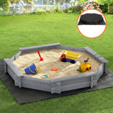 Outdoor Play Equipment: Keezi Kids Sandpit Wooden Round Sand Pit with Cover Bench Seat Beach Toys 182cm Grey