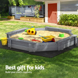 Outdoor Play Equipment: Keezi Kids Sandpit Wooden Round Sand Pit with Cover Bench Seat Beach Toys 182cm Grey