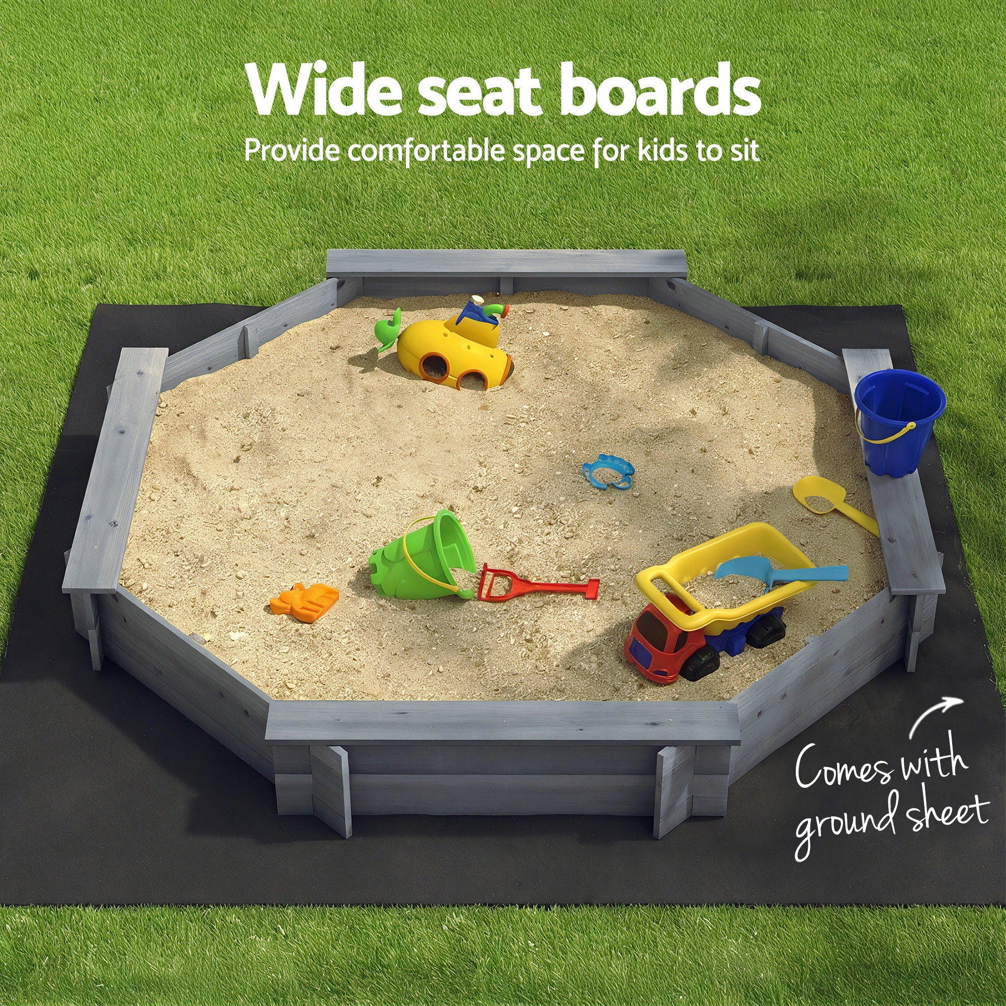 Outdoor Play Equipment: Keezi Kids Sandpit Wooden Round Sand Pit with Cover Bench Seat Beach Toys 182cm Grey