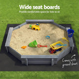 Outdoor Play Equipment: Keezi Kids Sandpit Wooden Round Sand Pit with Cover Bench Seat Beach Toys 182cm Grey