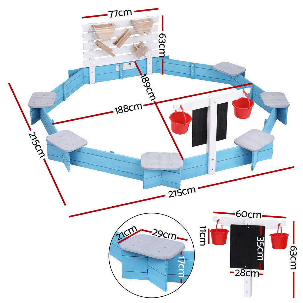 Outdoor Play Equipment: Keezi Kids Sandpit Wooden Round Sand Pit Funnel Bench Seat Beach Toys 215cm