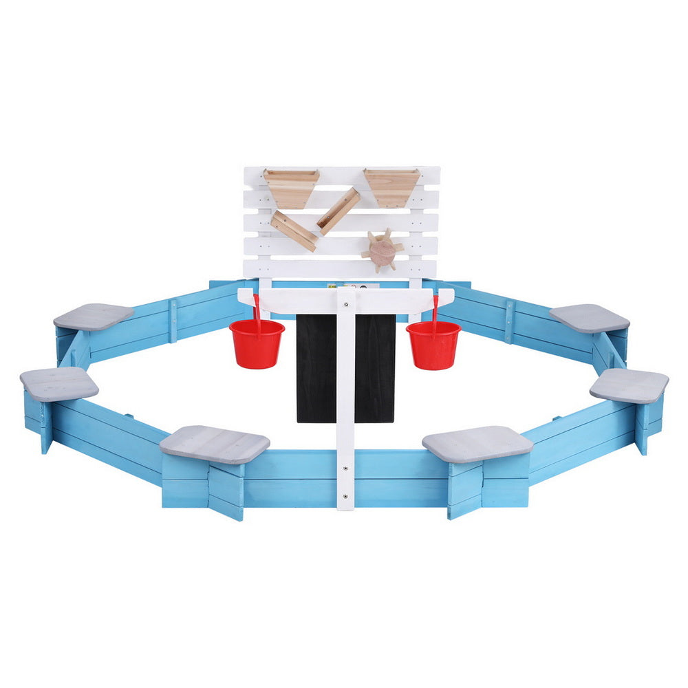 Outdoor Play Equipment: Keezi Kids Sandpit Wooden Round Sand Pit Funnel Bench Seat Beach Toys 215cm
