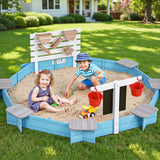 Outdoor Play Equipment: Keezi Kids Sandpit Wooden Round Sand Pit Funnel Bench Seat Beach Toys 215cm