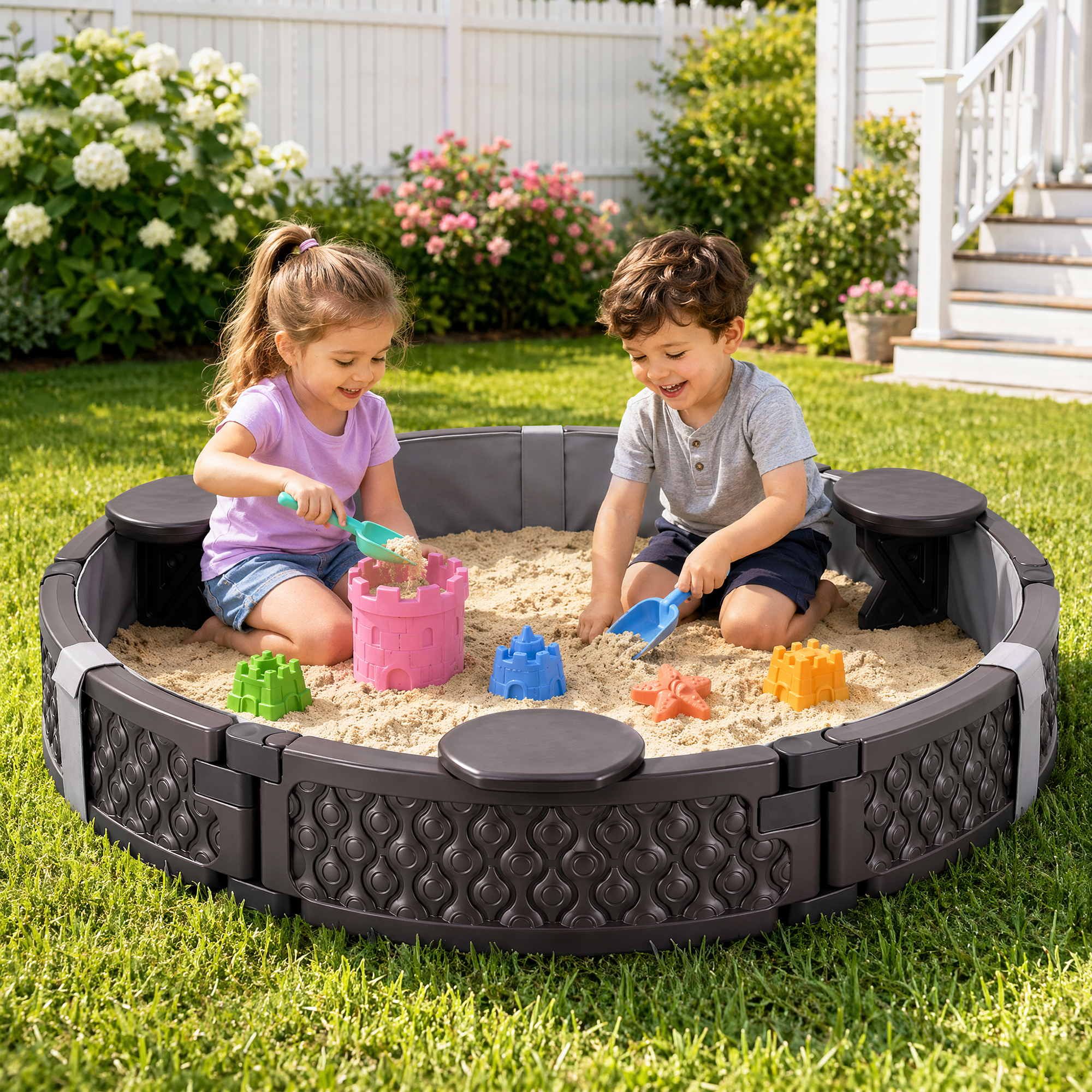 Kids Outdoor Sandpit Toys Sandbox 121cm Round Brown 3 Seats Cover Liner