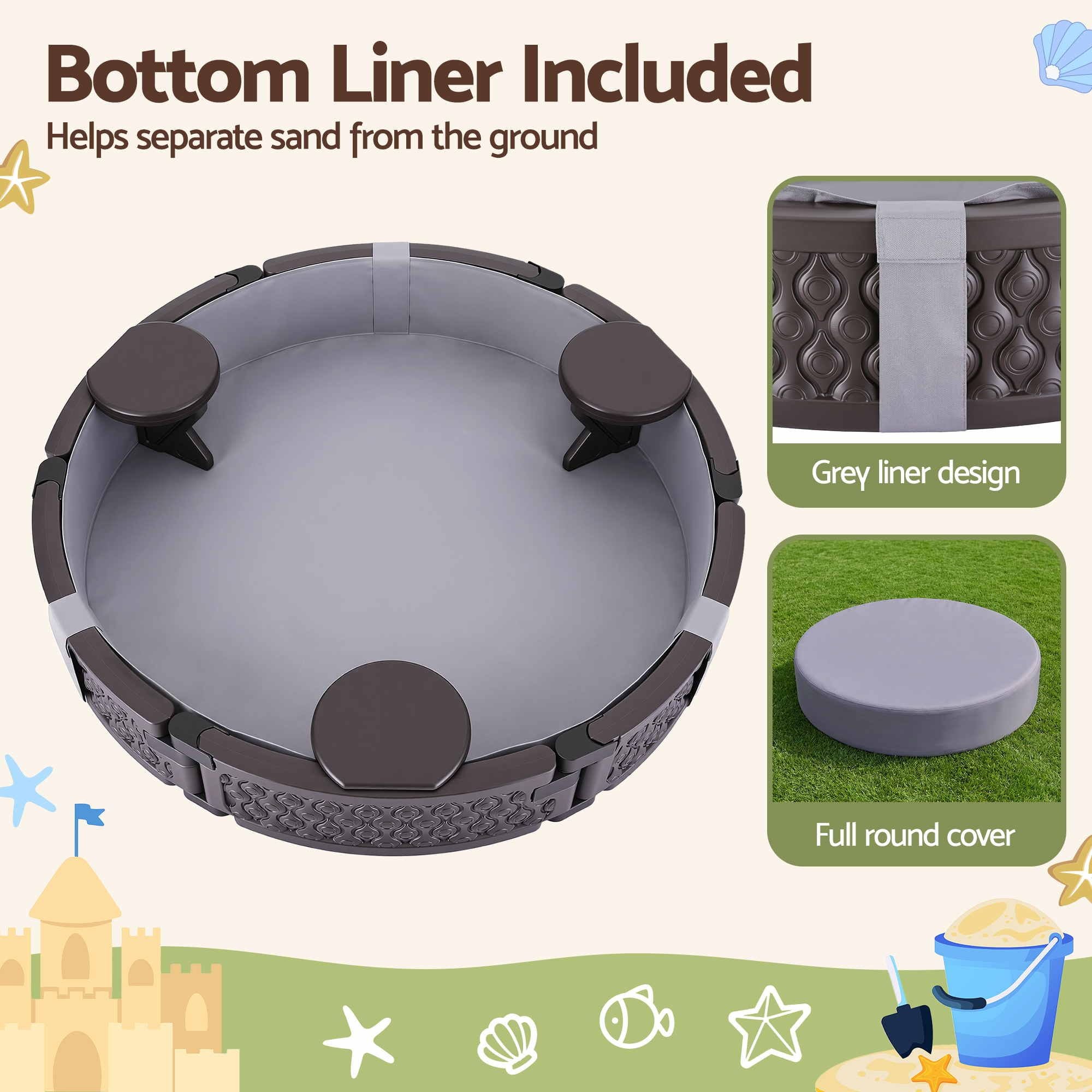 Kids Outdoor Sandpit Toys Sandbox 121cm Round Brown 3 Seats Cover Liner