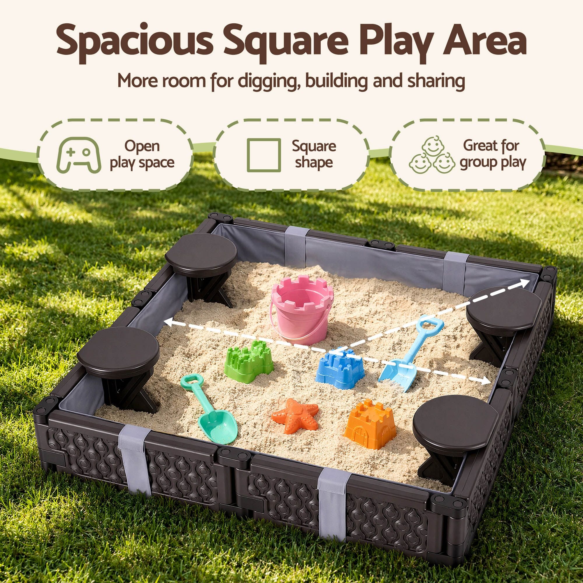 Keezi Kids Sandpit Sandbox With Cover 4 Seats Outdoor Sand Box Brown