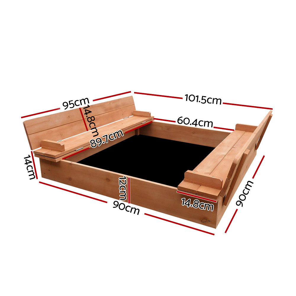Outdoor Play Equipment: Keezi Kids Sandpit Wooden Sandbox Sand Pit Foldable Seat Outdoor Beach Toys 90cm