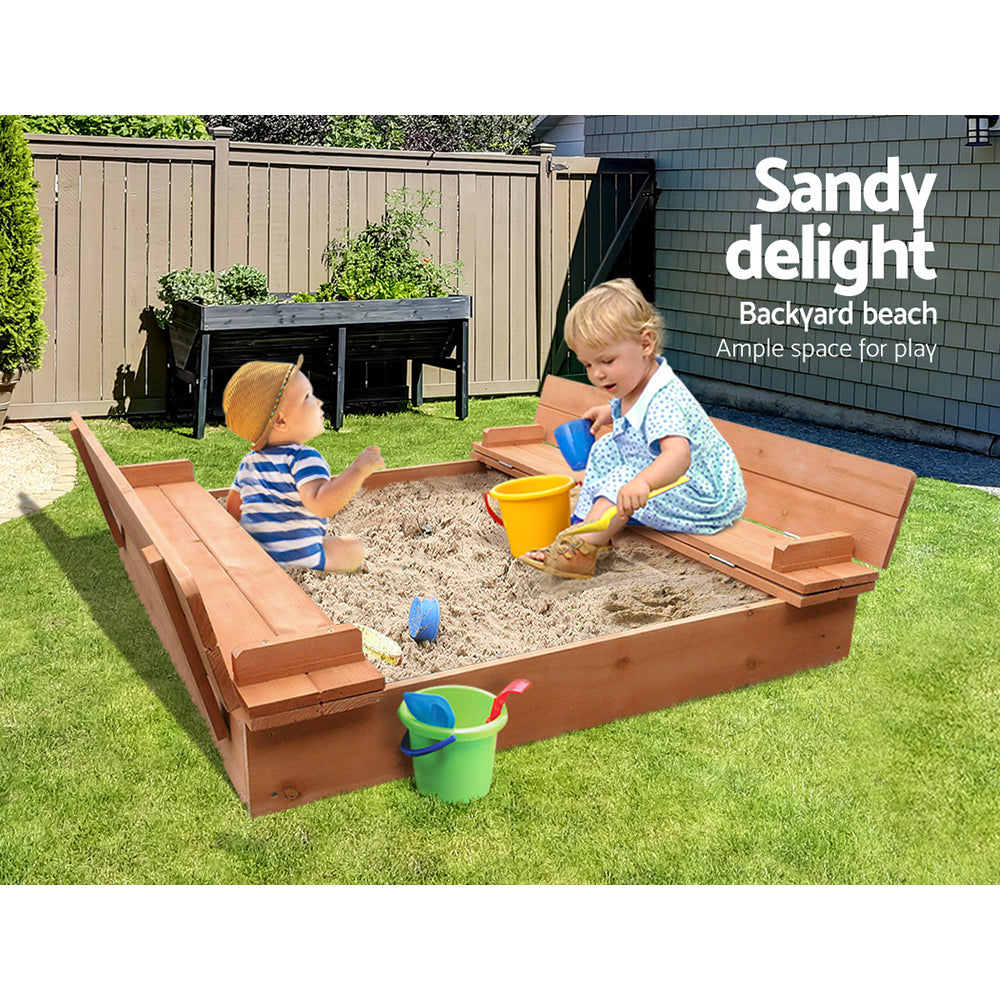 Outdoor Play Equipment: Keezi Kids Sandpit Wooden Sandbox Sand Pit Foldable Seat Outdoor Beach Toys 90cm