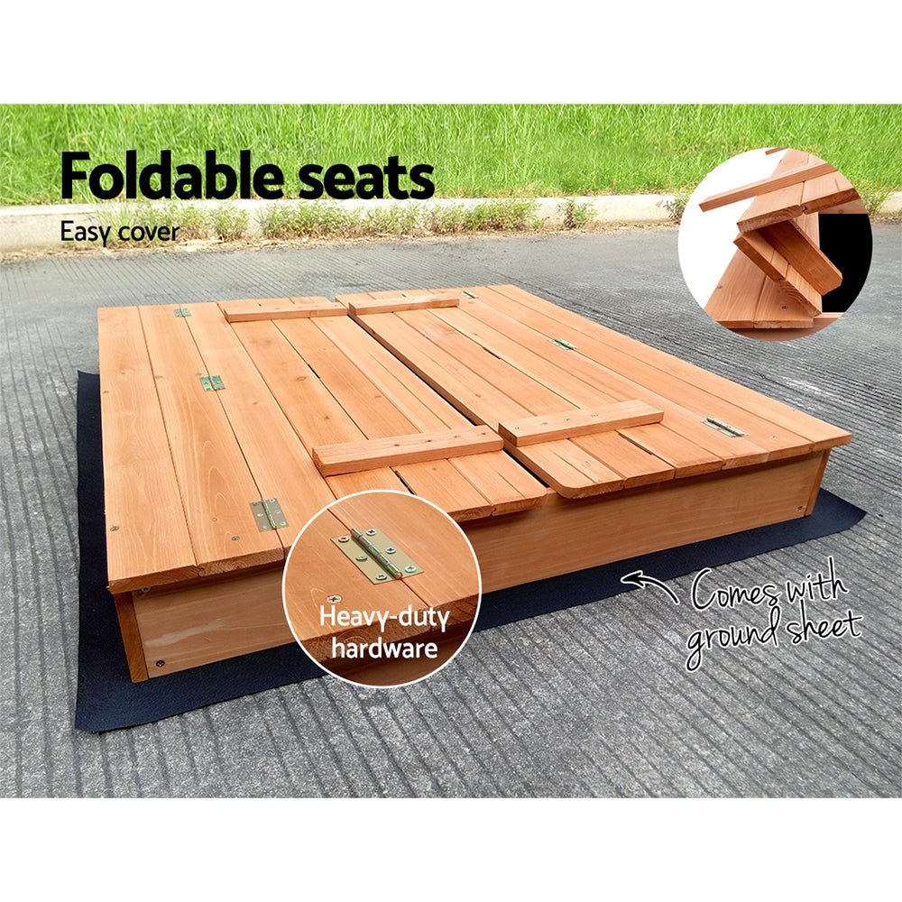 Outdoor Play Equipment: Keezi Kids Sandpit Wooden Sandbox Sand Pit Foldable Seat Outdoor Beach Toys 90cm