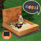 Outdoor Play Equipment: Keezi Kids Sandpit Wooden Sandbox Sand Pit with Cover Funnel Outdoor Toys 120cm